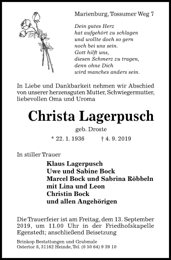 Traueranzeige von Christa Lagerpusch von Hildesheimer Allgemeine Zeitung