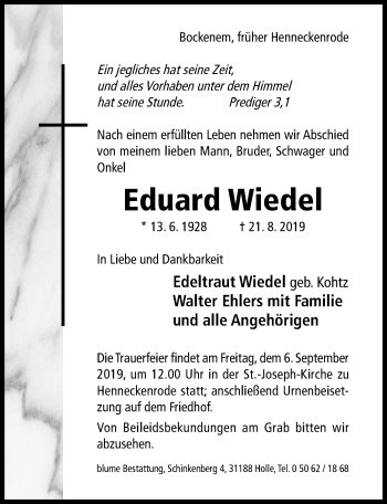 Traueranzeige von Eduard Wiedel von Hildesheimer Allgemeine Zeitung
