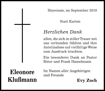 Traueranzeige von Eleonore Klußmann von Hildesheimer Allgemeine Zeitung