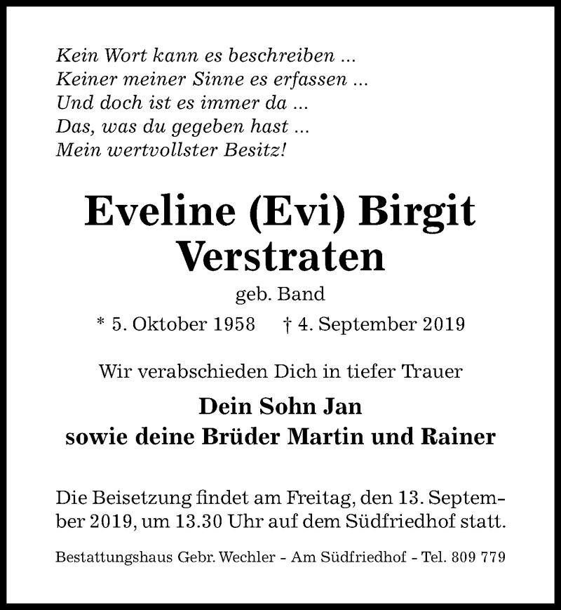  Traueranzeige für Eveline Birgit Verstraten vom 11.09.2019 aus Hildesheimer Allgemeine Zeitung