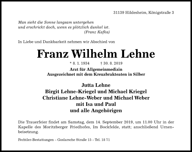  Traueranzeige für Franz Wilhelm Lehne vom 07.09.2019 aus Hildesheimer Allgemeine Zeitung