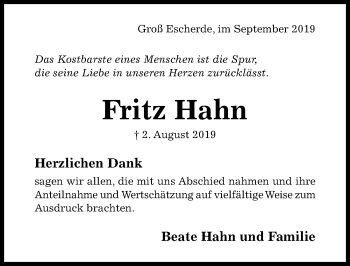 Traueranzeige von Fritz Hahn von Hildesheimer Allgemeine Zeitung