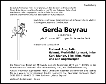 Traueranzeige von Gerda Beyrau von Hildesheimer Allgemeine Zeitung