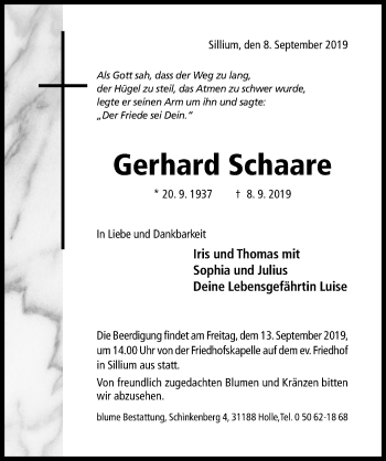 Traueranzeige von Gerhard Schaare von Hildesheimer Allgemeine Zeitung