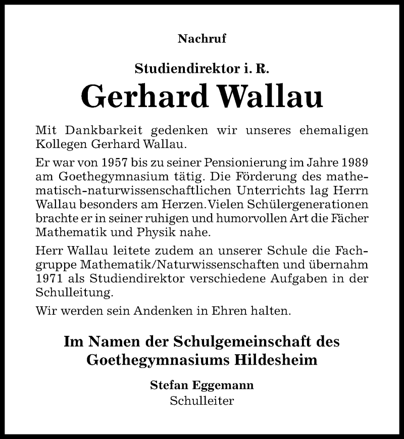  Traueranzeige für Gerhard Wallau vom 25.09.2019 aus Hildesheimer Allgemeine Zeitung