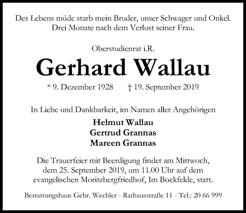  Traueranzeige für Gerhard Wallau vom 21.09.2019 aus Hildesheimer Allgemeine Zeitung