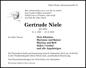 Traueranzeige von Gertrude Niele von Hildesheimer Allgemeine Zeitung