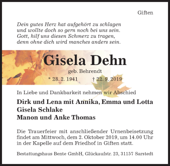 Traueranzeige von Gisela Dehn von Hildesheimer Allgemeine Zeitung