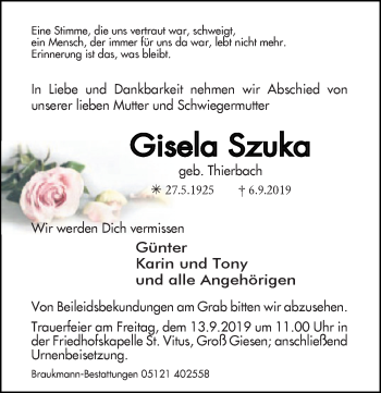 Traueranzeige von Gisela Szuka von Hildesheimer Allgemeine Zeitung