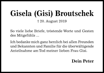Traueranzeige von Gisela Gisi Broutschek von Hildesheimer Allgemeine Zeitung