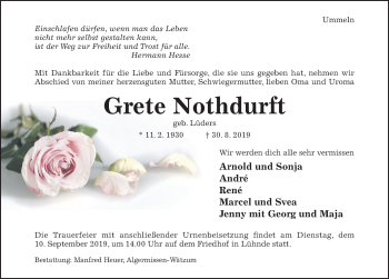 Traueranzeige von Grete Nothdurft von Hildesheimer Allgemeine Zeitung