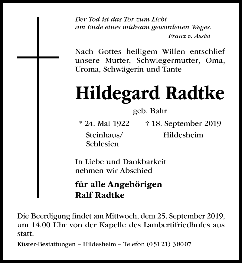  Traueranzeige für Hildegard Radtke vom 21.09.2019 aus Hildesheimer Allgemeine Zeitung