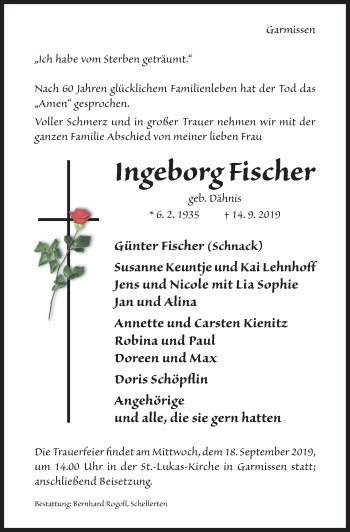 Traueranzeige von Ingeborg Fischer von Hildesheimer Allgemeine Zeitung