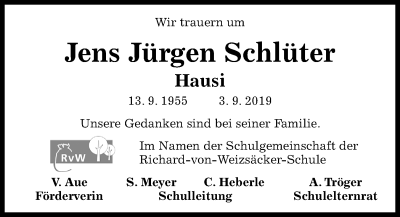  Traueranzeige für Jens-Jürgen Schlüter vom 07.09.2019 aus Hildesheimer Allgemeine Zeitung
