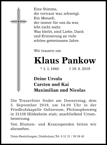 Traueranzeige von Klaus Pankow von Hildesheimer Allgemeine Zeitung