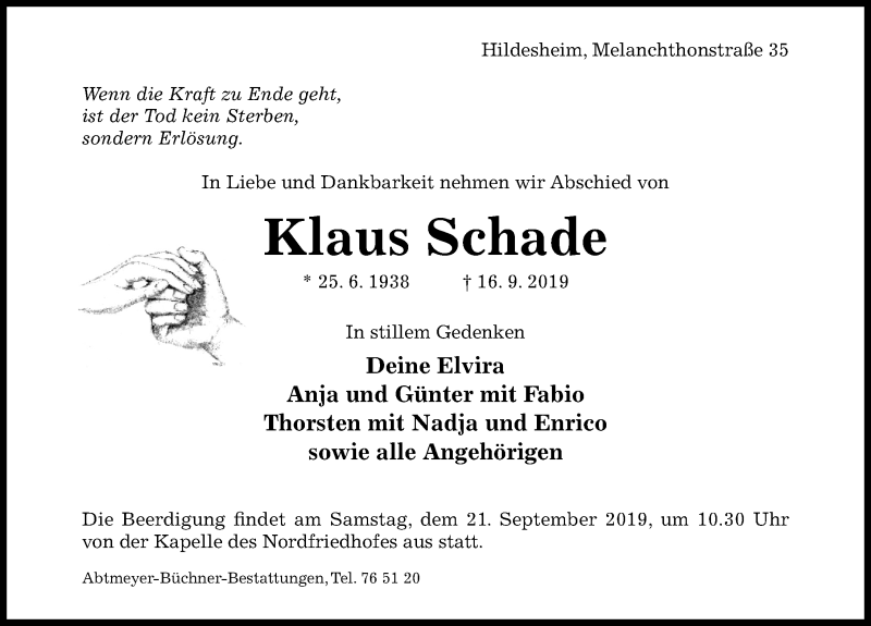  Traueranzeige für Klaus Schade vom 19.09.2019 aus Hildesheimer Allgemeine Zeitung