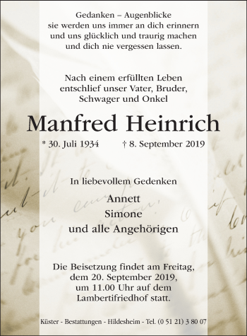 Traueranzeige von Manfred Heinrich von Hildesheimer Allgemeine Zeitung