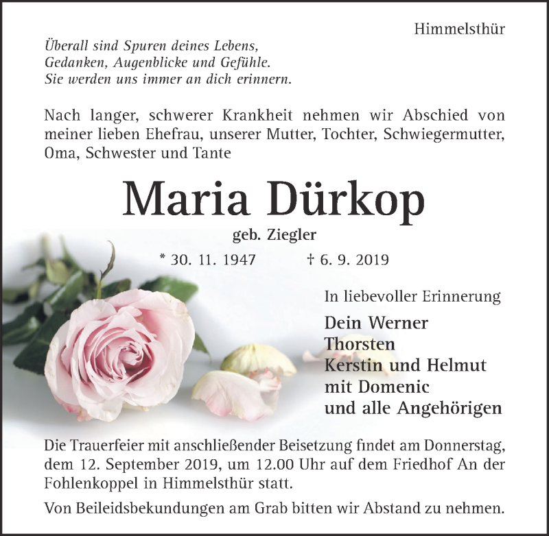  Traueranzeige für Maria Dürkop vom 10.09.2019 aus Hildesheimer Allgemeine Zeitung