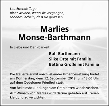 Traueranzeige von Marlies Monse-Barthmann von Hildesheimer Allgemeine Zeitung