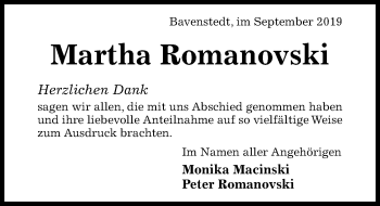 Traueranzeige von Martha Romanovski von Hildesheimer Allgemeine Zeitung