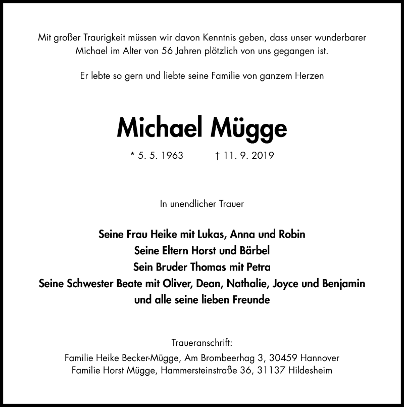  Traueranzeige für Michael Mügge vom 17.09.2019 aus Hildesheimer Allgemeine Zeitung