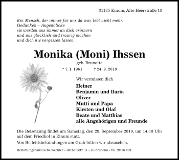 Traueranzeige von Monika Moni Ihssen von Hildesheimer Allgemeine Zeitung