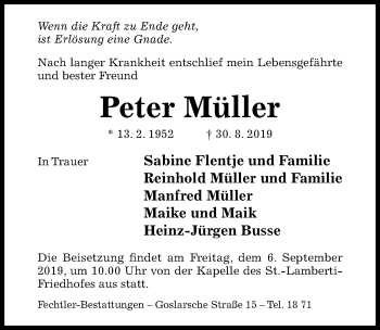 Traueranzeige von Peter Müller von Hildesheimer Allgemeine Zeitung