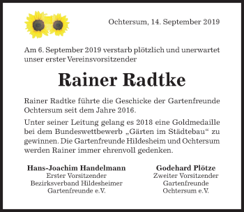 Traueranzeige von Rainer Radtke von Hildesheimer Allgemeine Zeitung