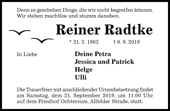 Traueranzeige von Reiner Radtke von Hildesheimer Allgemeine Zeitung