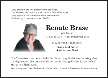 Traueranzeige von Renate Brase von Hildesheimer Allgemeine Zeitung