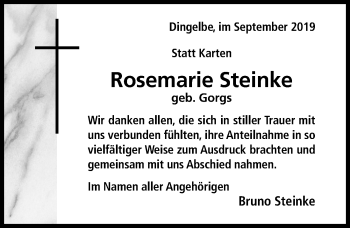 Traueranzeige von Rosemarie Steinke von Hildesheimer Allgemeine Zeitung