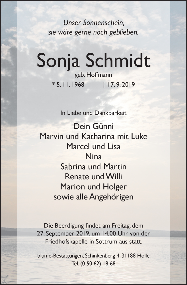  Traueranzeige für Sonja Schmidt vom 21.09.2019 aus Hildesheimer Allgemeine Zeitung