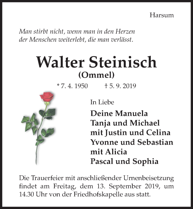  Traueranzeige für Walter Steinisch vom 11.09.2019 aus Hildesheimer Allgemeine Zeitung