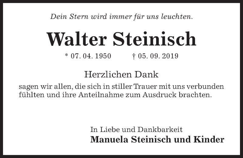  Traueranzeige für Walter Steinisch vom 25.09.2019 aus Hildesheimer Allgemeine Zeitung