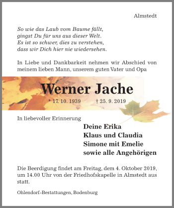 Traueranzeige von Werner Jache von Hildesheimer Allgemeine Zeitung