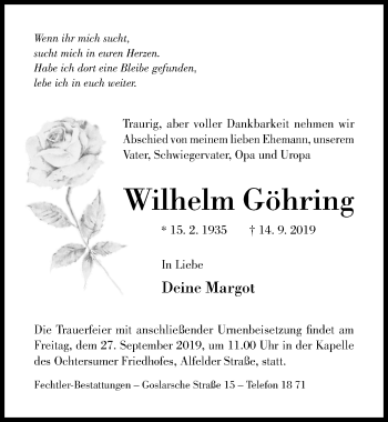 Traueranzeige von Wilhelm Göhring von Hildesheimer Allgemeine Zeitung