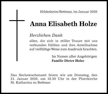 Traueranzeige von Anna Elisabeth Holze von Hildesheimer Allgemeine Zeitung