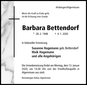 Traueranzeige von Barbara Bettendorf von Hildesheimer Allgemeine Zeitung