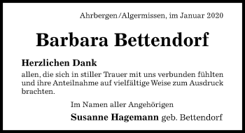 Traueranzeige von Barbara Bettendorf von Hildesheimer Allgemeine Zeitung