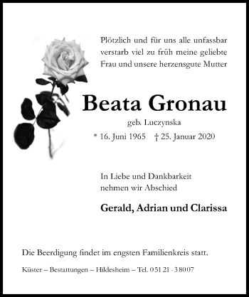 Traueranzeige von Beata Gronau von Hildesheimer Allgemeine Zeitung