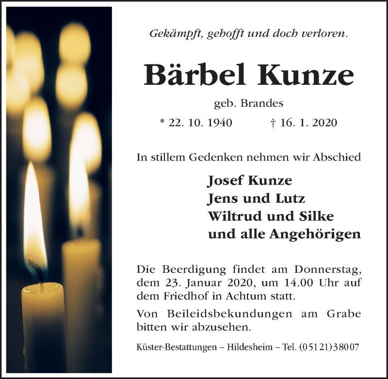 Traueranzeige für Bärbel Kunze vom 21.01.2020 aus Hildesheimer Allgemeine Zeitung