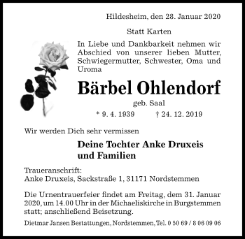 Traueranzeige von Bärbel Ohlendorf von Hildesheimer Allgemeine Zeitung