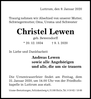 Traueranzeige von Christel Lewen von Hildesheimer Allgemeine Zeitung