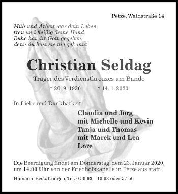 Traueranzeige von Christian Seldag von Hildesheimer Allgemeine Zeitung