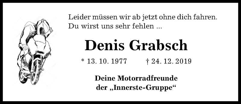  Traueranzeige für Denis Grabsch vom 04.01.2020 aus Hildesheimer Allgemeine Zeitung