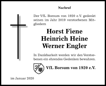 Traueranzeige von Der VfL Borsum von 1920 e.V. gedenkt seinen im Jahr 2019 verstorbenen Mitgliedern von Hildesheimer Allgemeine Zeitung