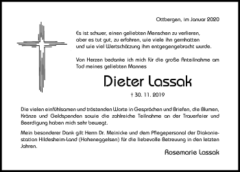 Traueranzeige von Dieter Lassak von Hildesheimer Allgemeine Zeitung