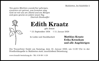 Traueranzeige von Edith Kraatz von Hildesheimer Allgemeine Zeitung