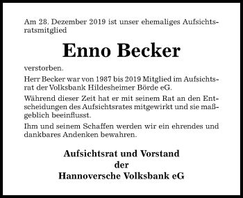 Traueranzeige von Enno Becker von Hildesheimer Allgemeine Zeitung