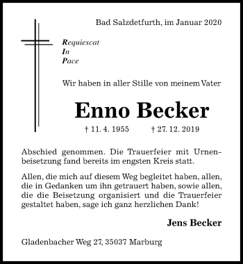 Traueranzeige von Enno Becker von Hildesheimer Allgemeine Zeitung